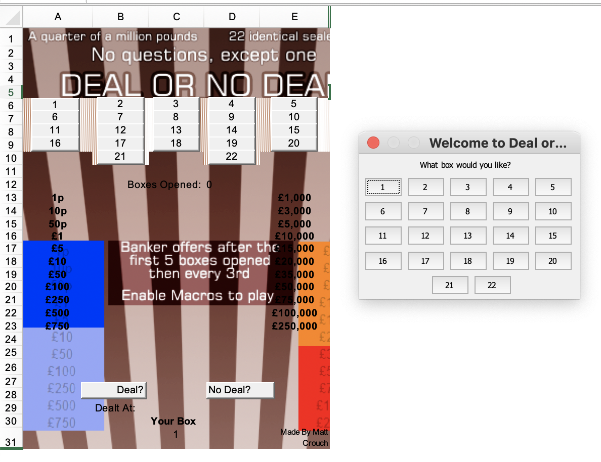 Deal or No Deal game running in Excel
