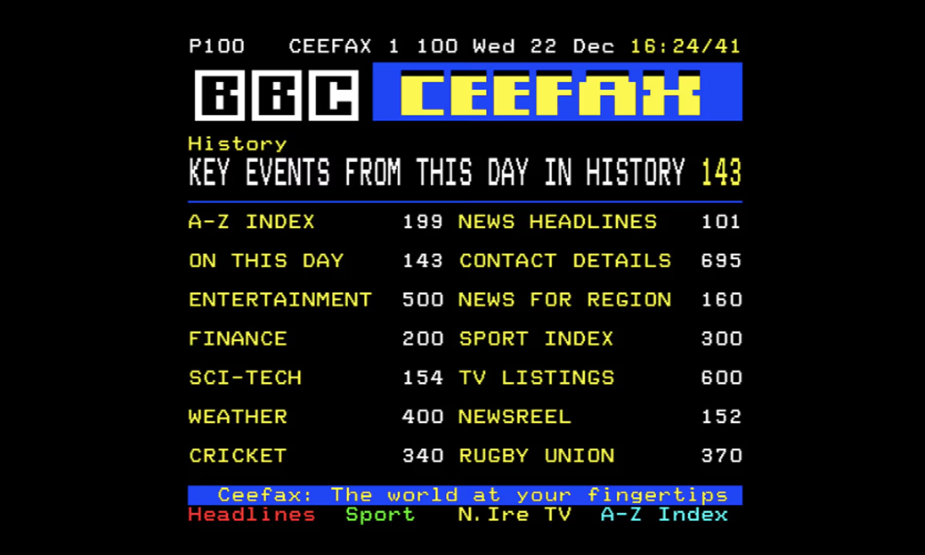 Screenshot of Ceefax (Technically a modern fan revival)