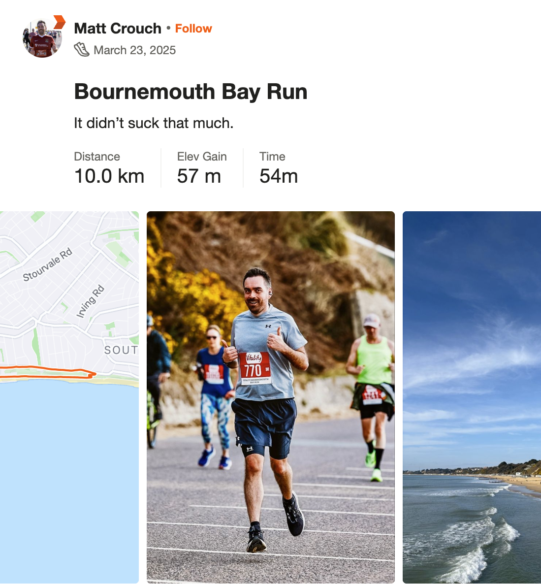Post on Strava showing I ran 10.02km in 54 minutes 56 seconds