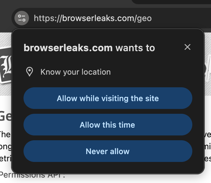 Screenshot of example geolocation permission from browserleaks.com