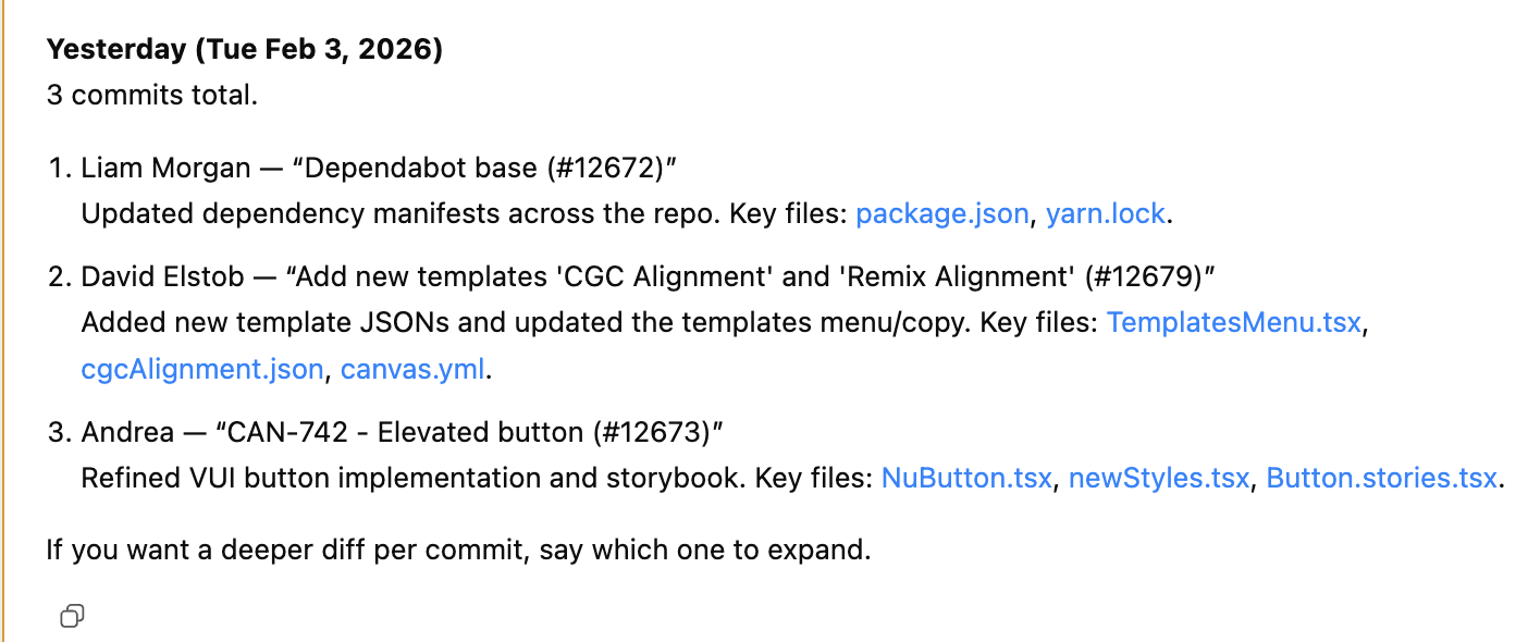 Screenshot of Codex automation summarising changes from the previous day