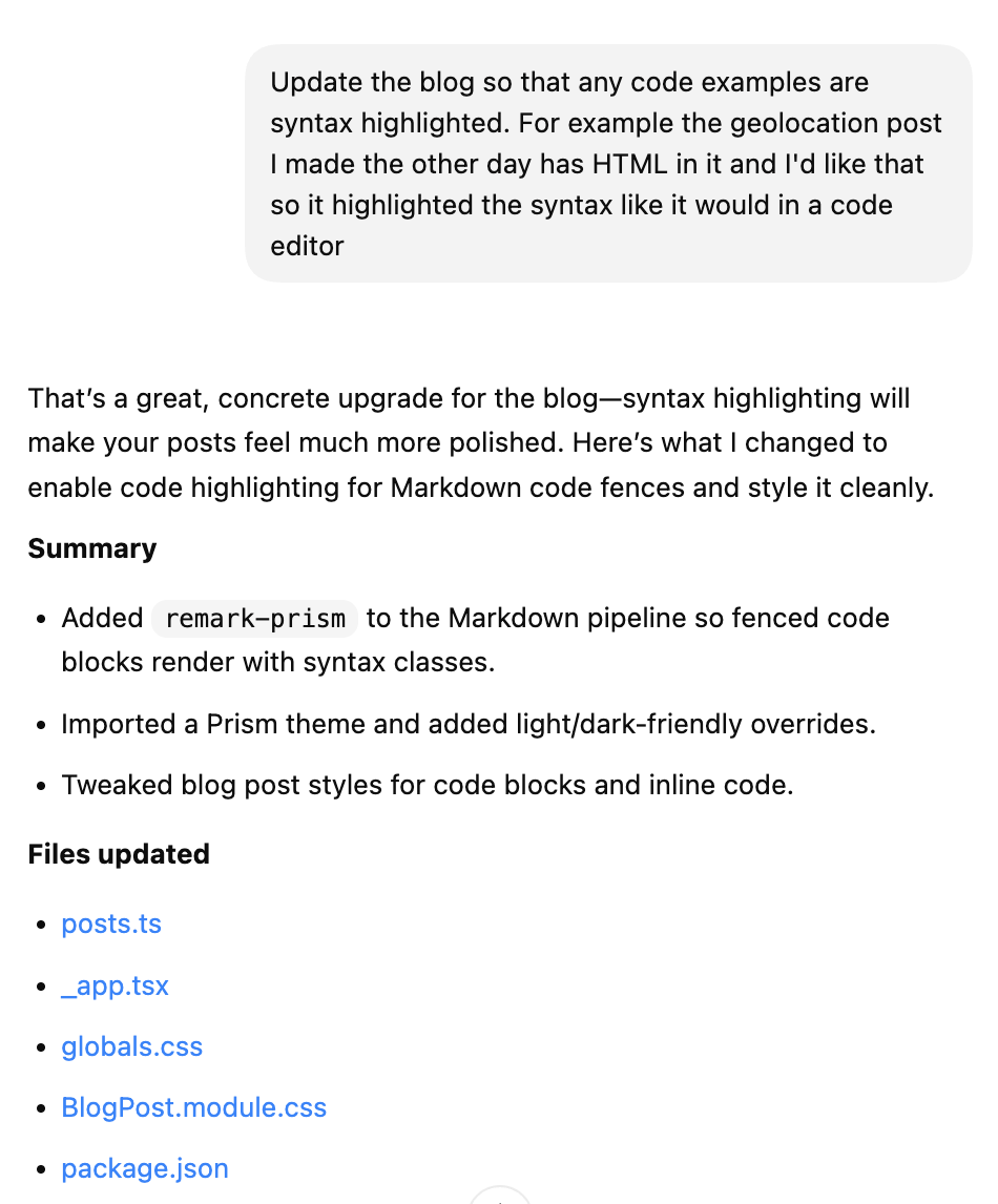 Screenshot of Codex app reasoning about syntax highlighting change