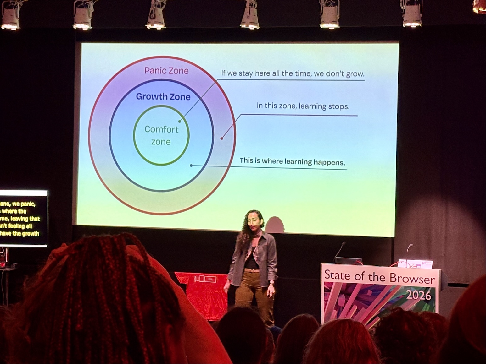 Fiona with a chart showing breakdown of our comfort zone and panic zone and the importance of the growth zone in between
