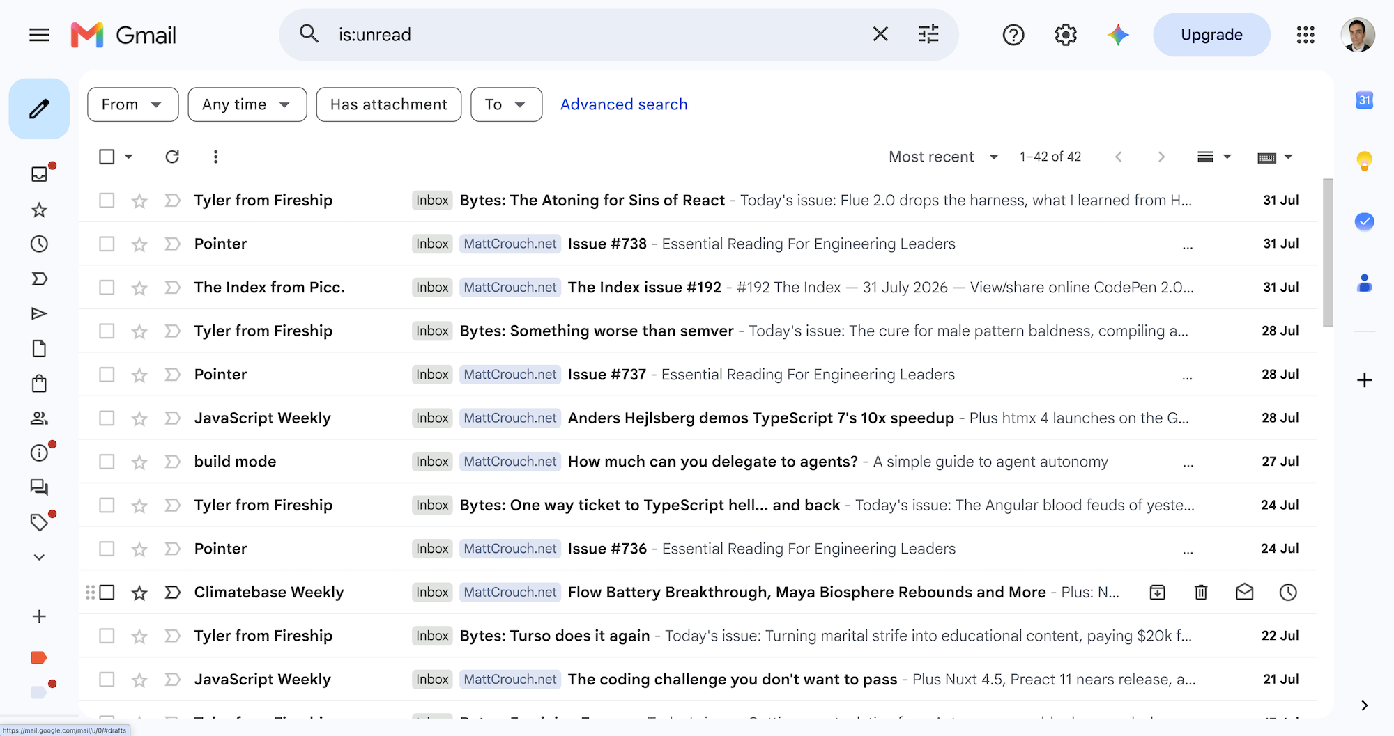 Email inbox with lots of unread newsletters