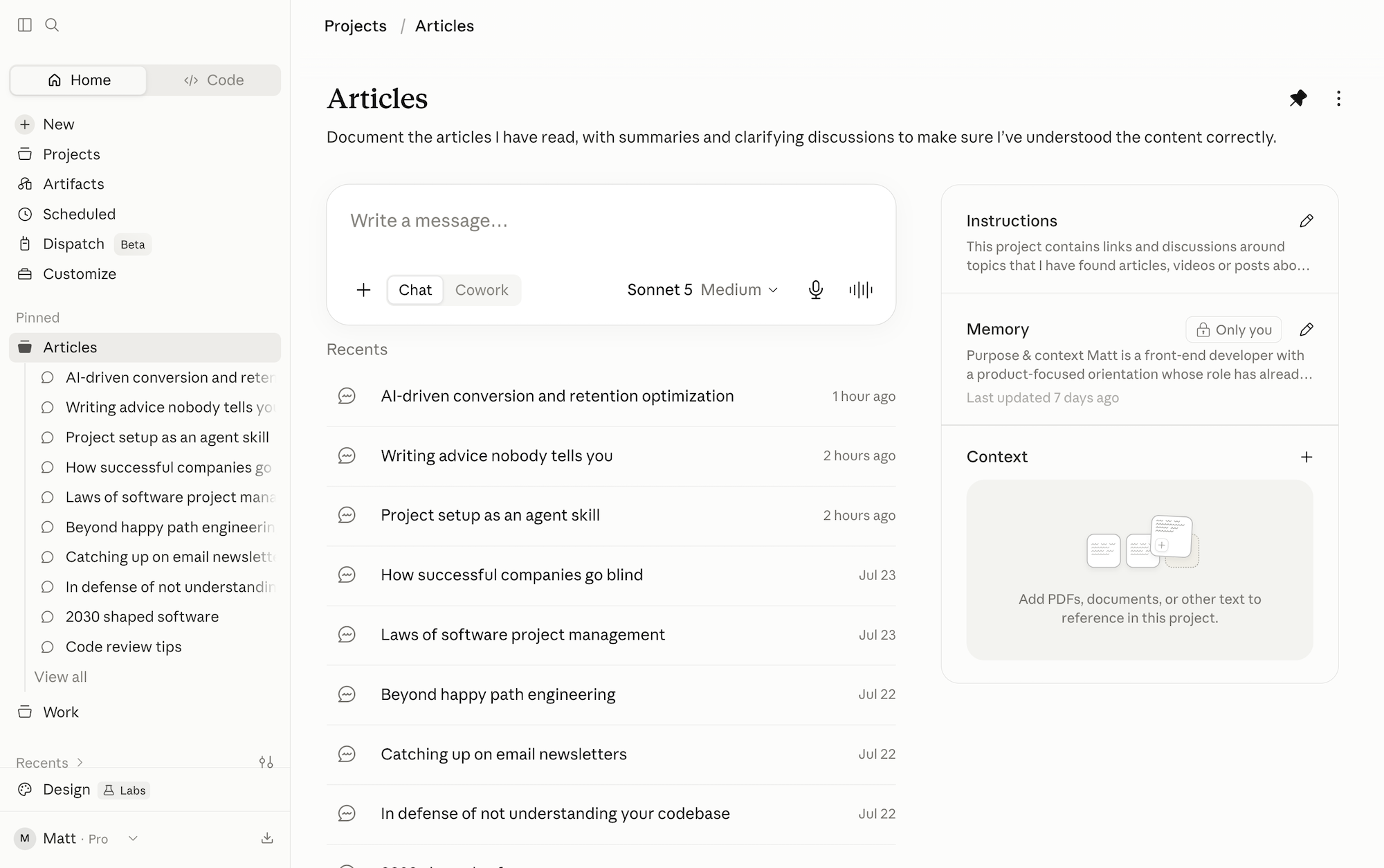 Screenshot of Matt's Claude setup with the "Articles" project containing all the context for spaced repetition