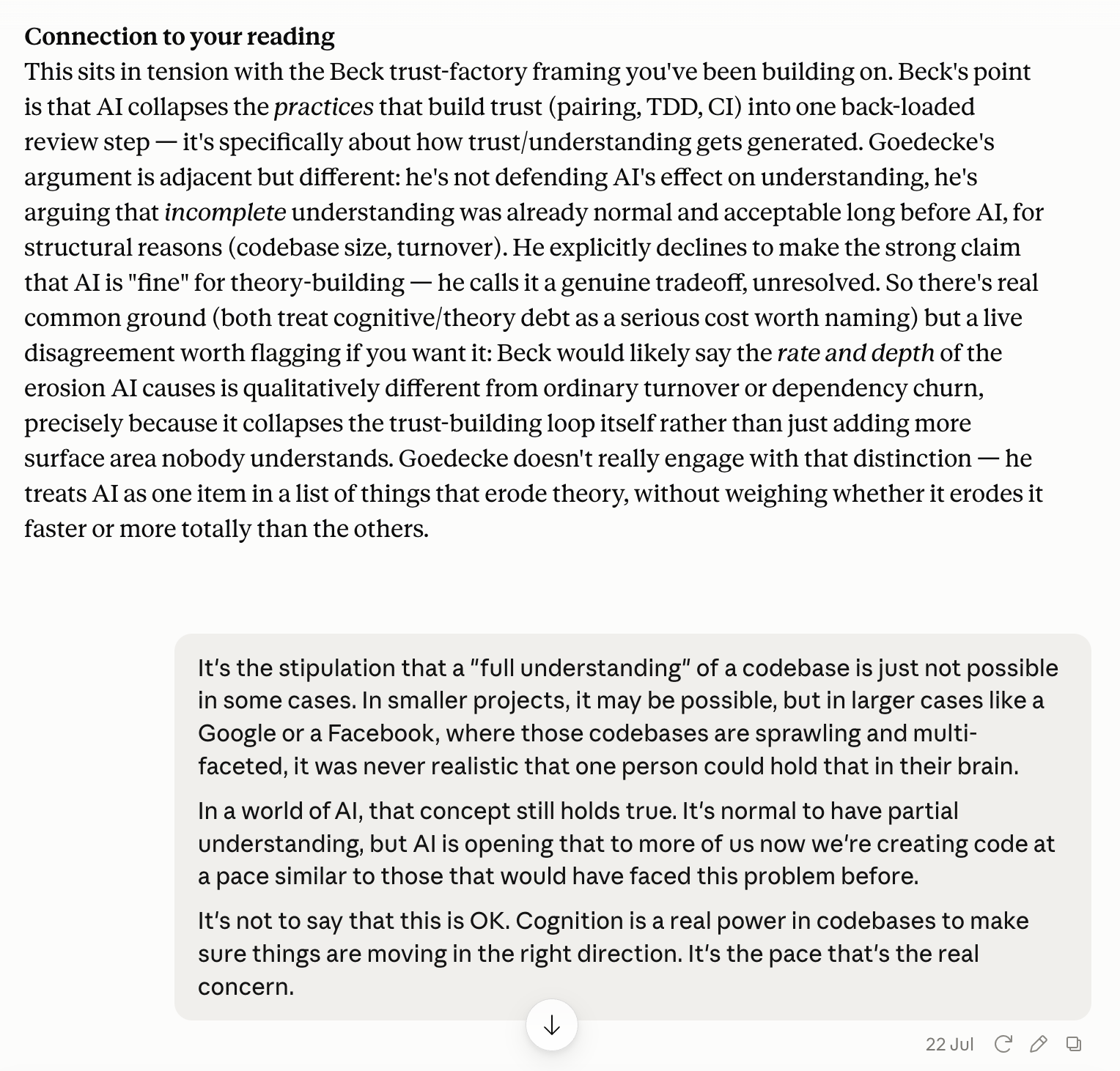 Excerpt from a conversation with Claude about not understanding a codebase in the age of AI