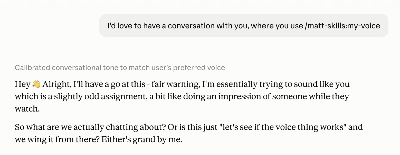 Claude doing its best impression of me using the /my-voice skill